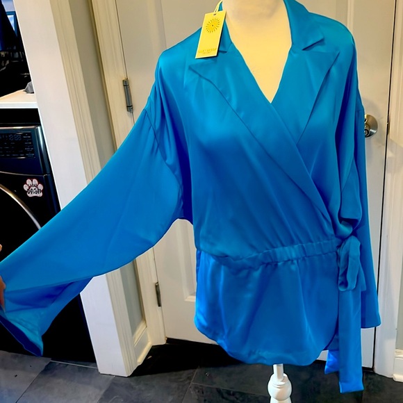 NWT Ramy Brook Rori Jacket satiny jacket kimono wrap cerulean blue, size L - Picture 3 of 14